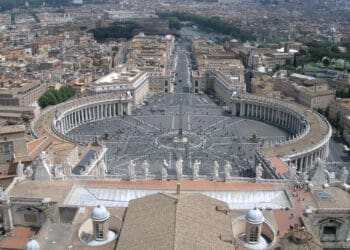 Rome, Vatican, Italy, Saint Peter's Square as seen from Michelangelo dome